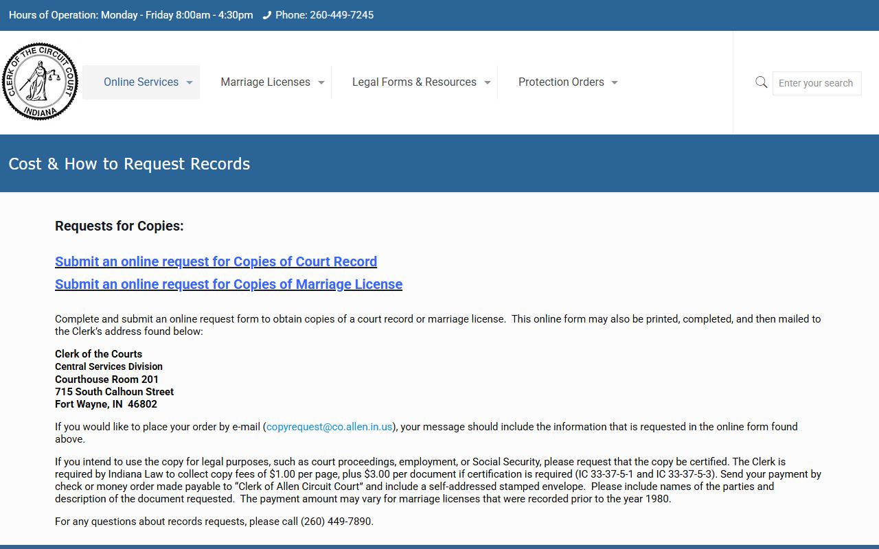 Allen County Clerk records copy fee instructions