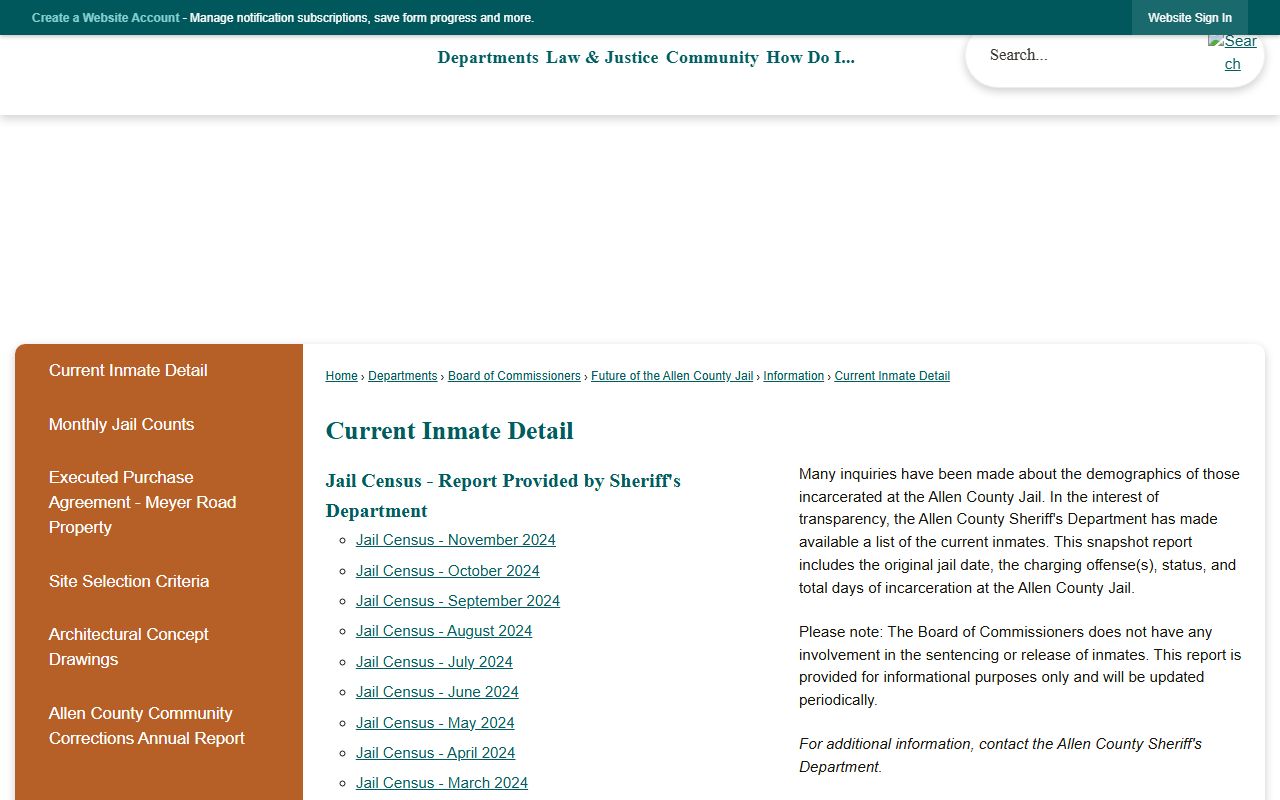 Allen County inmate records current inmate detail snapshot