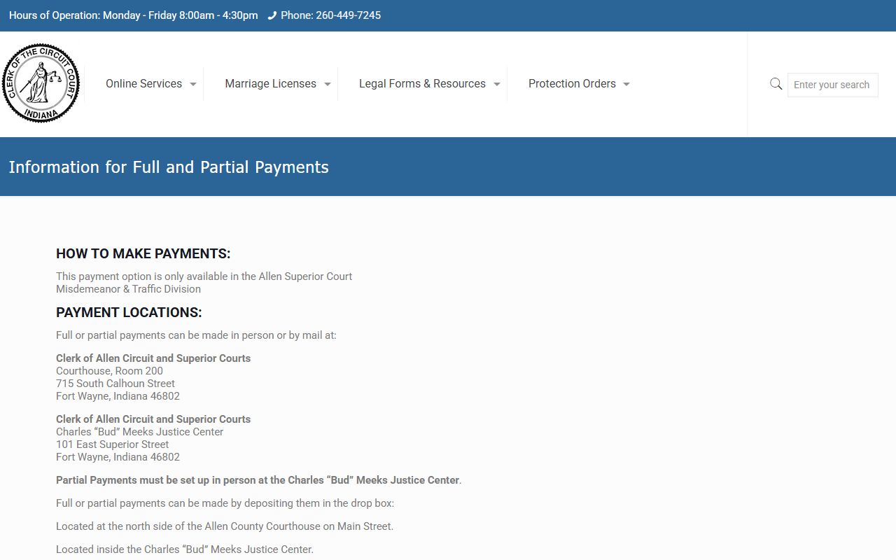 Allen County traffic court records Clerk partial payment instructions