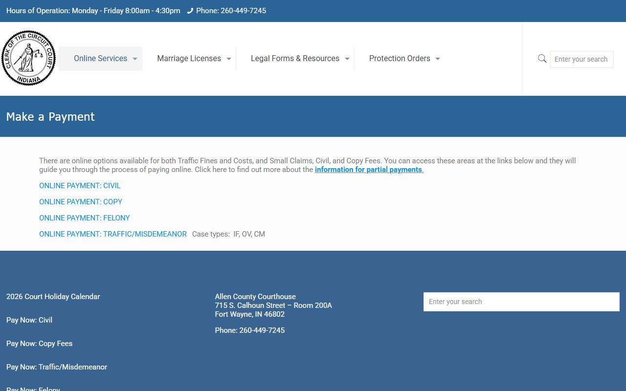 Allen County traffic court records Clerk payment page
